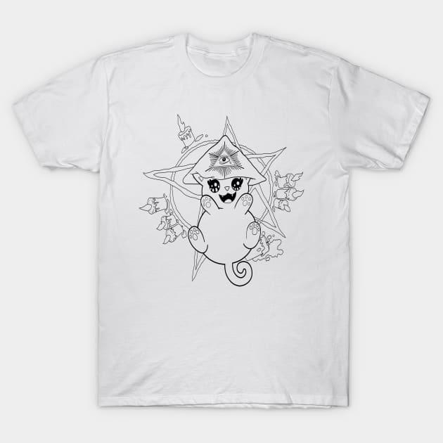 Aleister Meowley (Black and White Outline) T-Shirt by OneEyedGuy